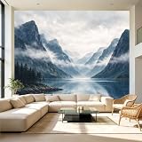 Murales de pared Paisaje Acuarela Misty Fjord Acantilados Pinos Orilla | Papel pintado autoadhesivo para pared, tamaño personalizado, extraíble, decoración de pared para sala de estar, dormitorio