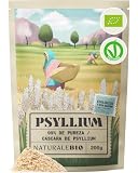 NaturaleBio Cáscaras de Psyllium Bio 99% Pureza Analizadas y Sin Gluten | 200 g. Cáscaras de psyllium puras, no polvo, para agua, zumo, yogur, smoothies y repostería sin gluten.