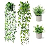 DazSpirit Plantas artificiales, lote de 4 con macetas y planta colgante | Eucalipto, romero, follaje de guisante, Planta Artificial Pequeña de aspecto natural para baño, oficina, estantería y ventana