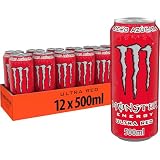 Monster Energy Ultra Red, Bebida Energética Sin Azúcar, 12 x 500 ml | Refresco energético zero azúcar con cafeína, taurina, ginseng, vitaminas B, sabor suave a frutos rojos, energía prolongada